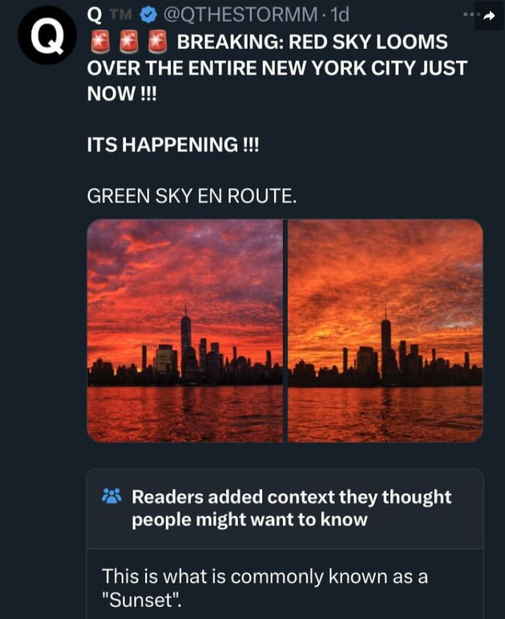 screenshot - Q Qtm . 1d Breaking Red Sky Looms Over The Entire New York City Just Now !!!! Its Happening!!! Green Sky En Route. Readers added context they thought people might want to know This is what is commonly known as a "Sunset".